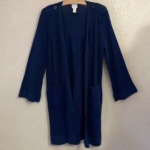 Chico's‎ Blue Open Front Knit Cardigan Duster with Pockets & Button Detail